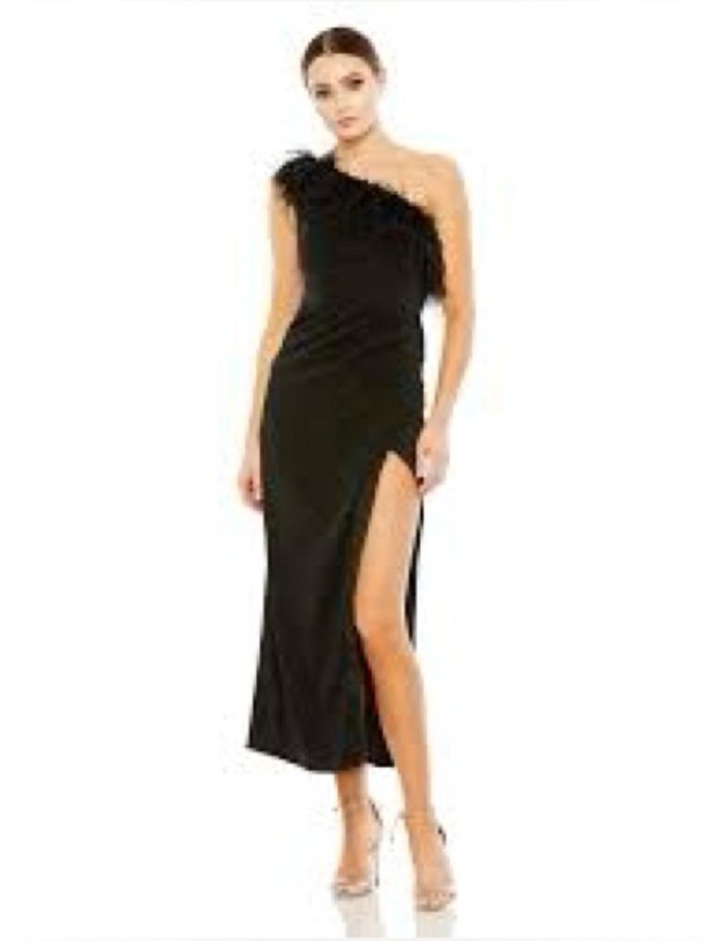 Mac Duggal 68147 Feather Trim One Shoulder Draped Dress Size 4 NWT Black